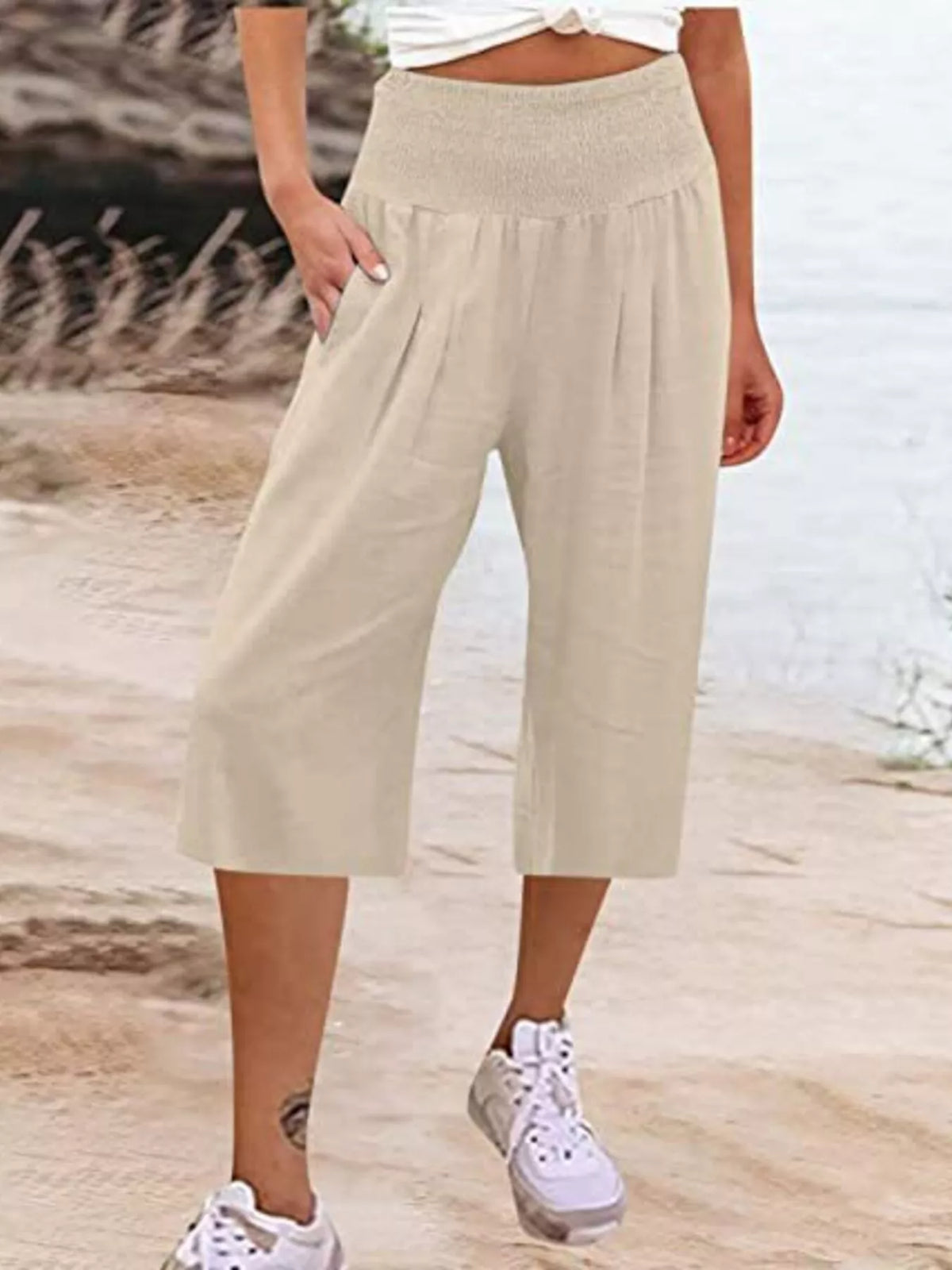 Smocked Wide-Leg Capri Pants