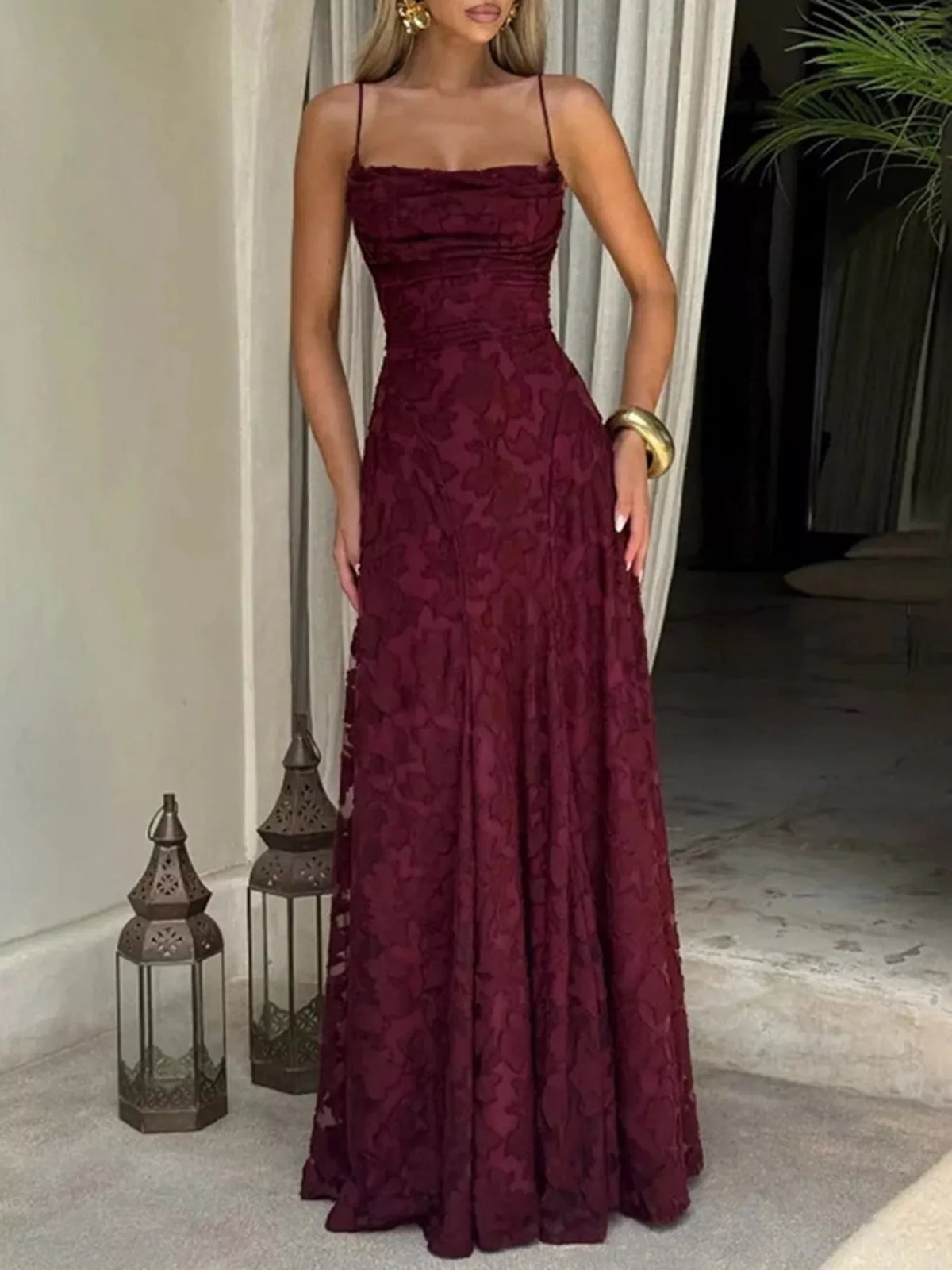 Lace-Up Spaghetti Strap Maxi Dress in Burgundy