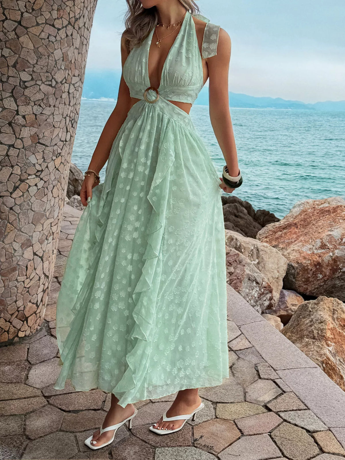 Ruffled Halter Neck Maxi Dress in Green