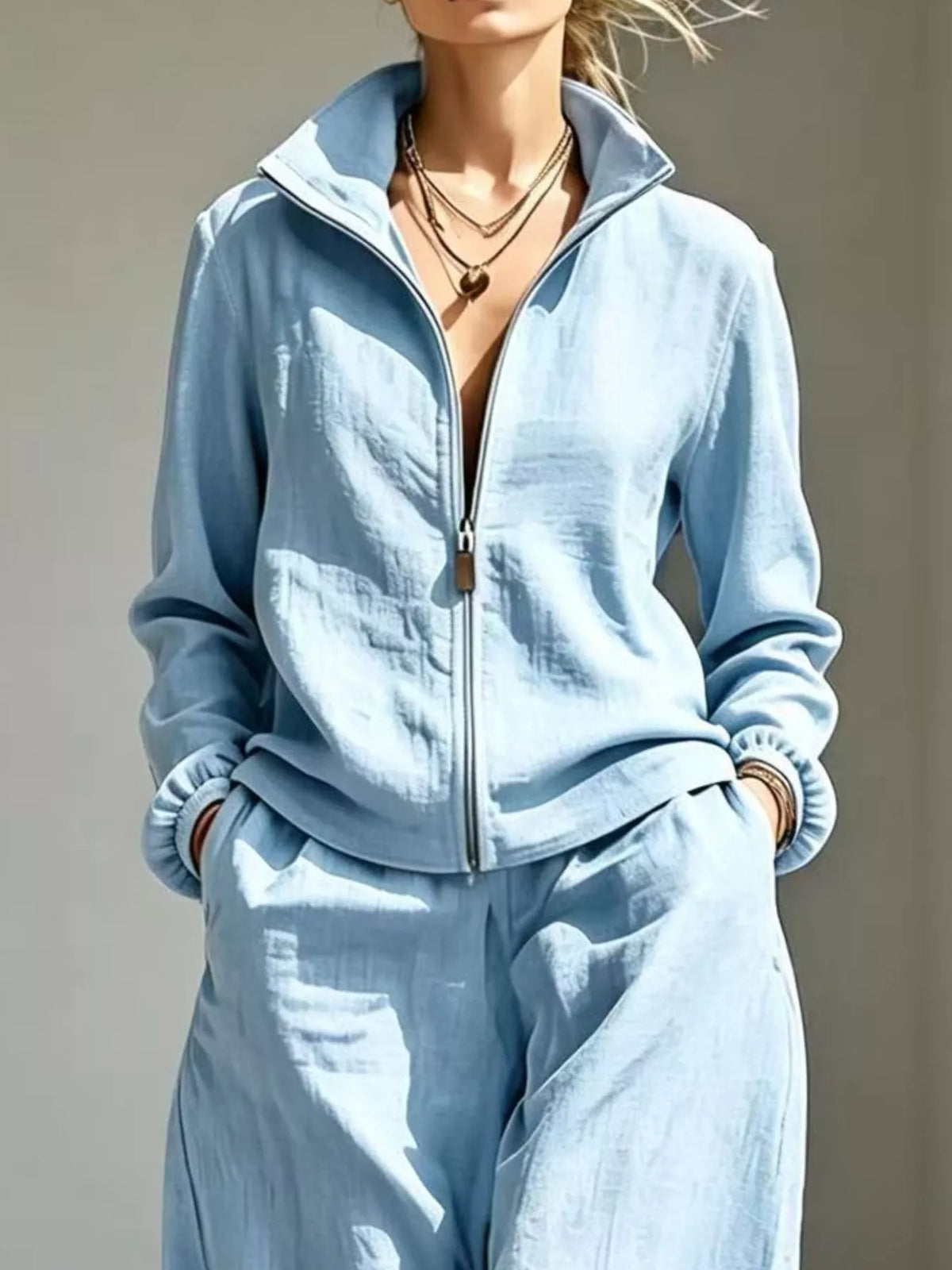 Zip-Up Jacket and Wide-Leg Pants Set in Peacock Blue