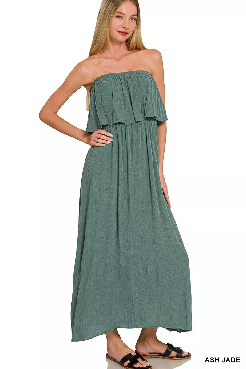 Zenana Crinkle Strapless Maxi Dress in Ash Jade