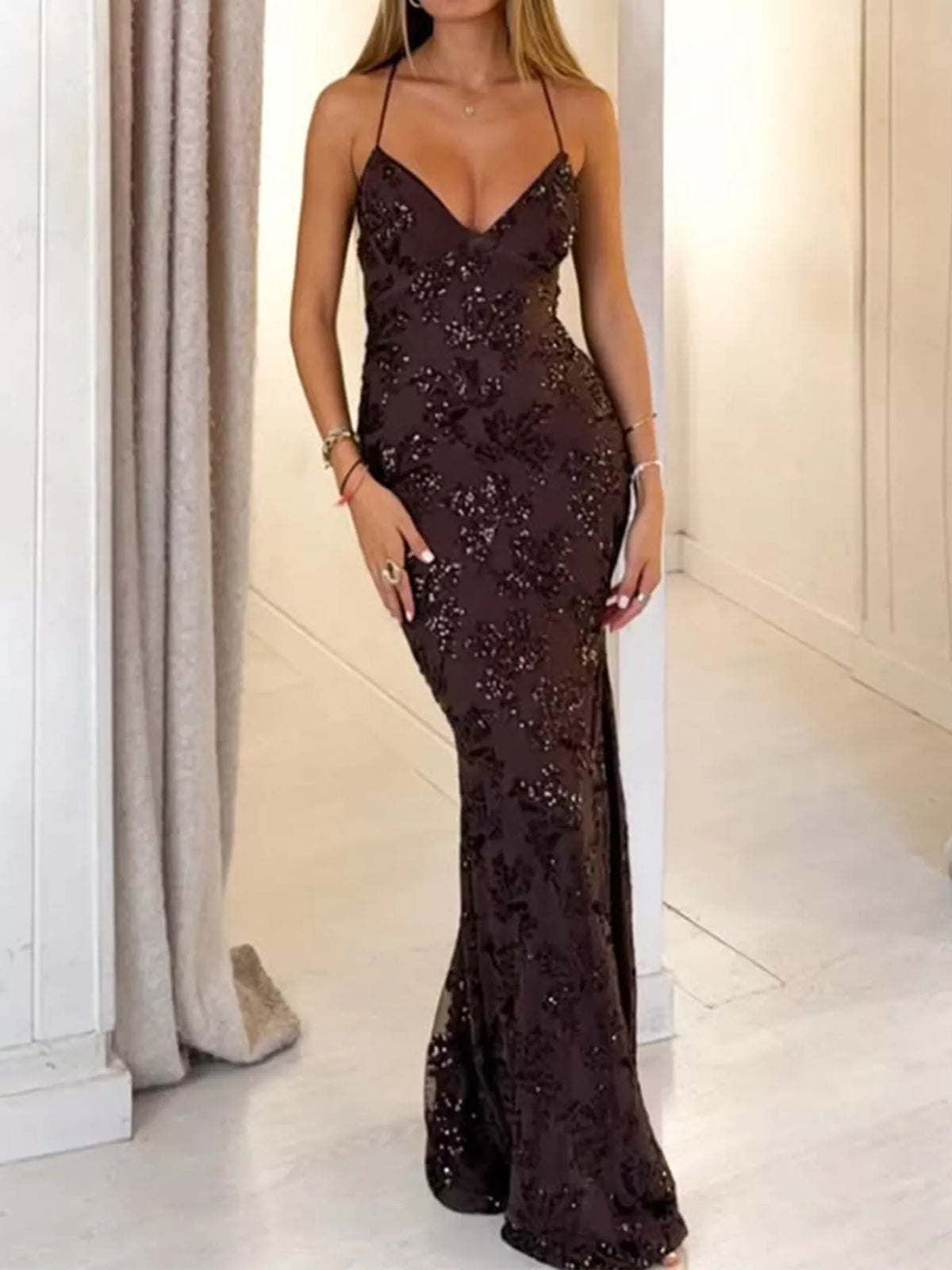 Sequin Mermaid Evening Maxi Dress in Coffee Brown