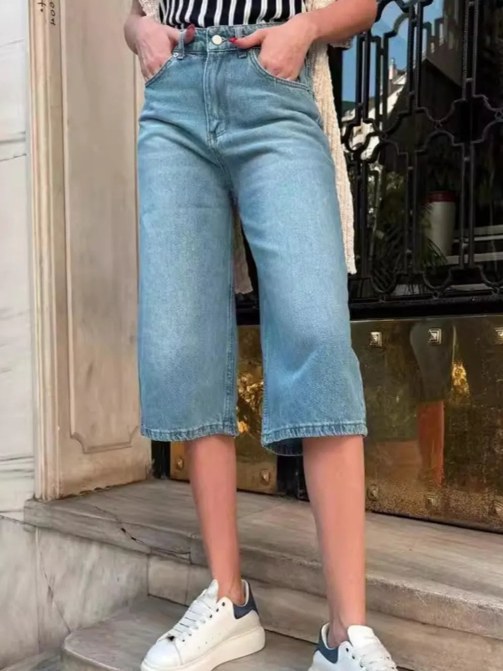 High Waist Denim Shorts in Dusty Blue or Navy by Y.Y@Denim
