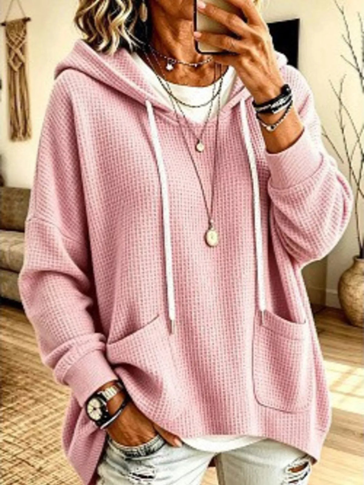 Waffle Knit Hoodie with Pockets