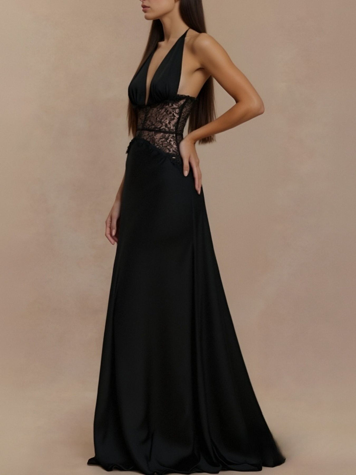 Halter Neck Lace-Trimmed Maxi Dress by Mystique Q