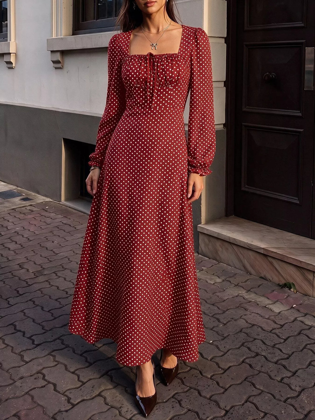 Square Neck Polka Dot Maxi Dress in Red