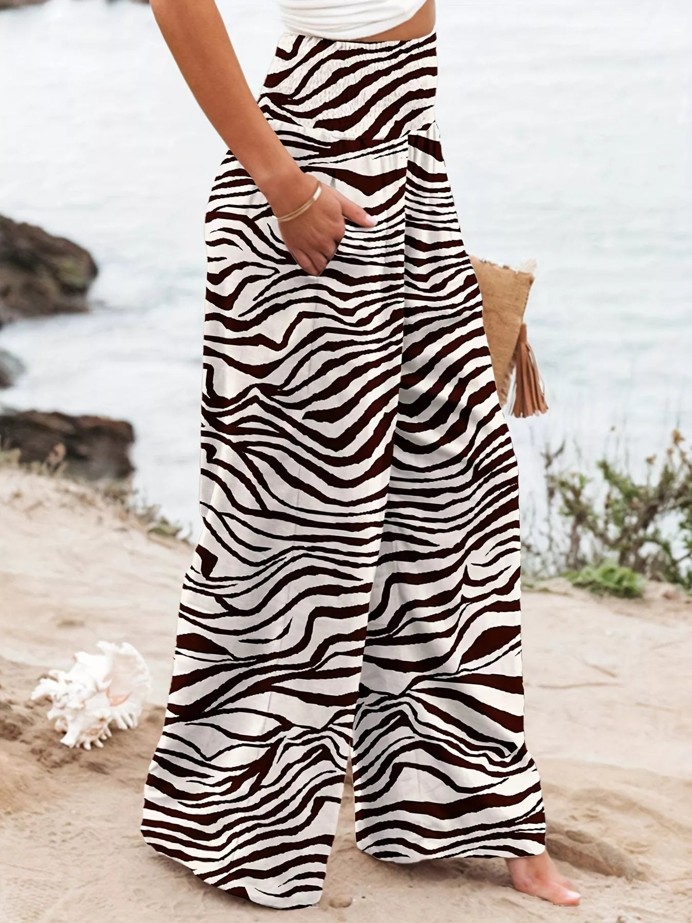 Zebra Print Wide Leg Pants in Black