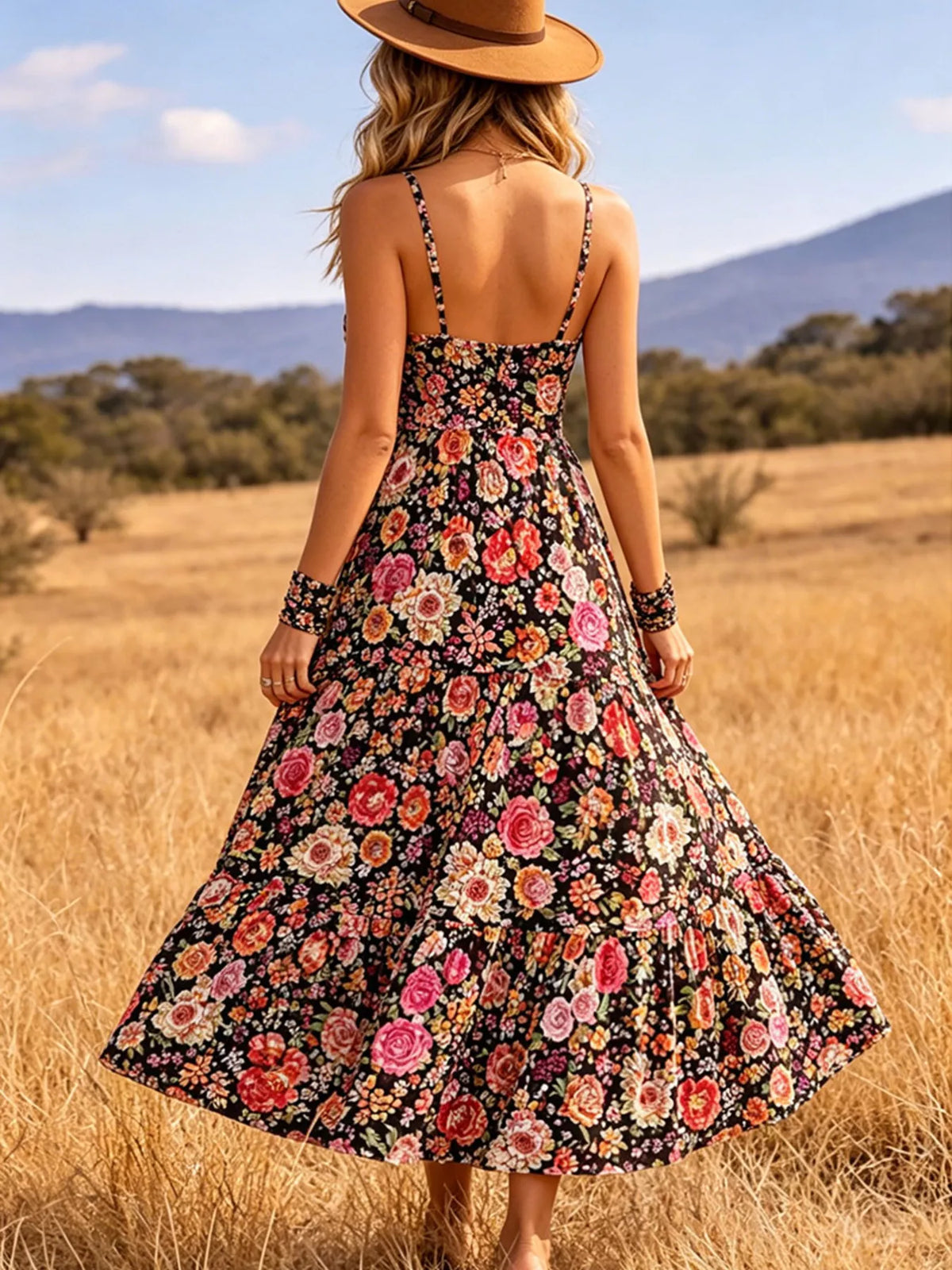 Floral Print V-Neck Tiered Midi Dress
