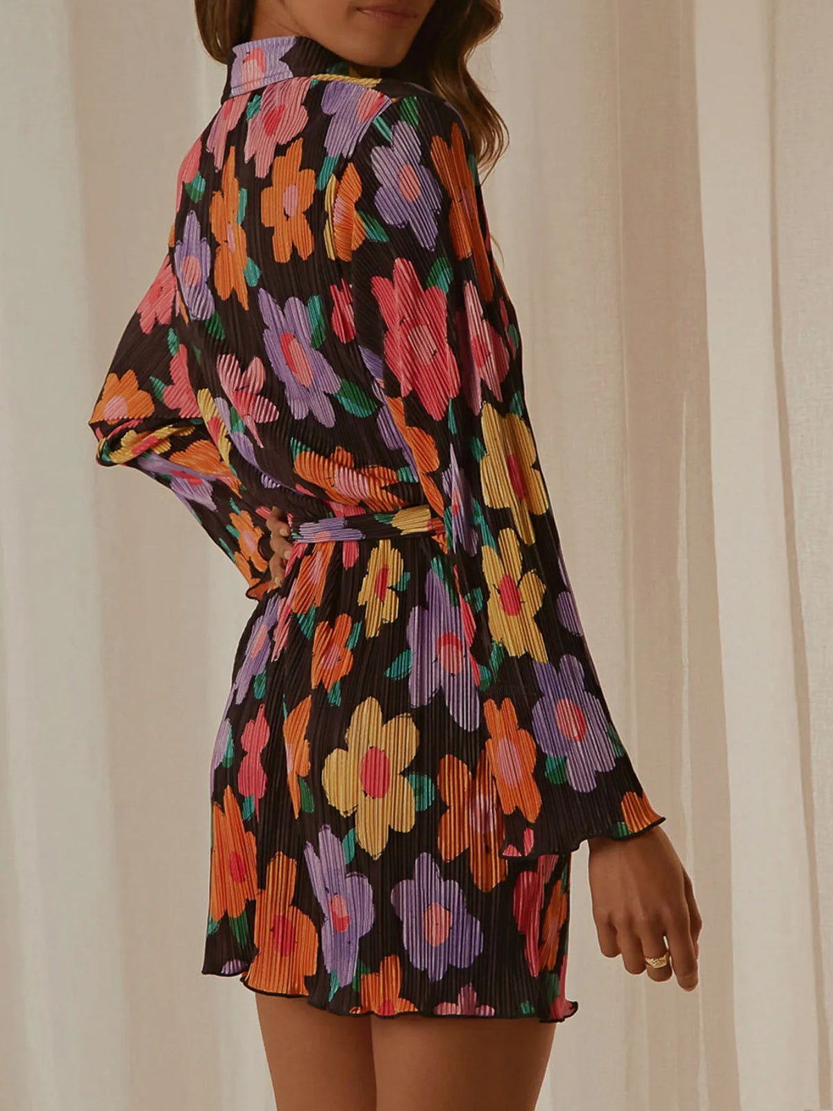 Printed Long-Sleeve Button-Front Mini Dress