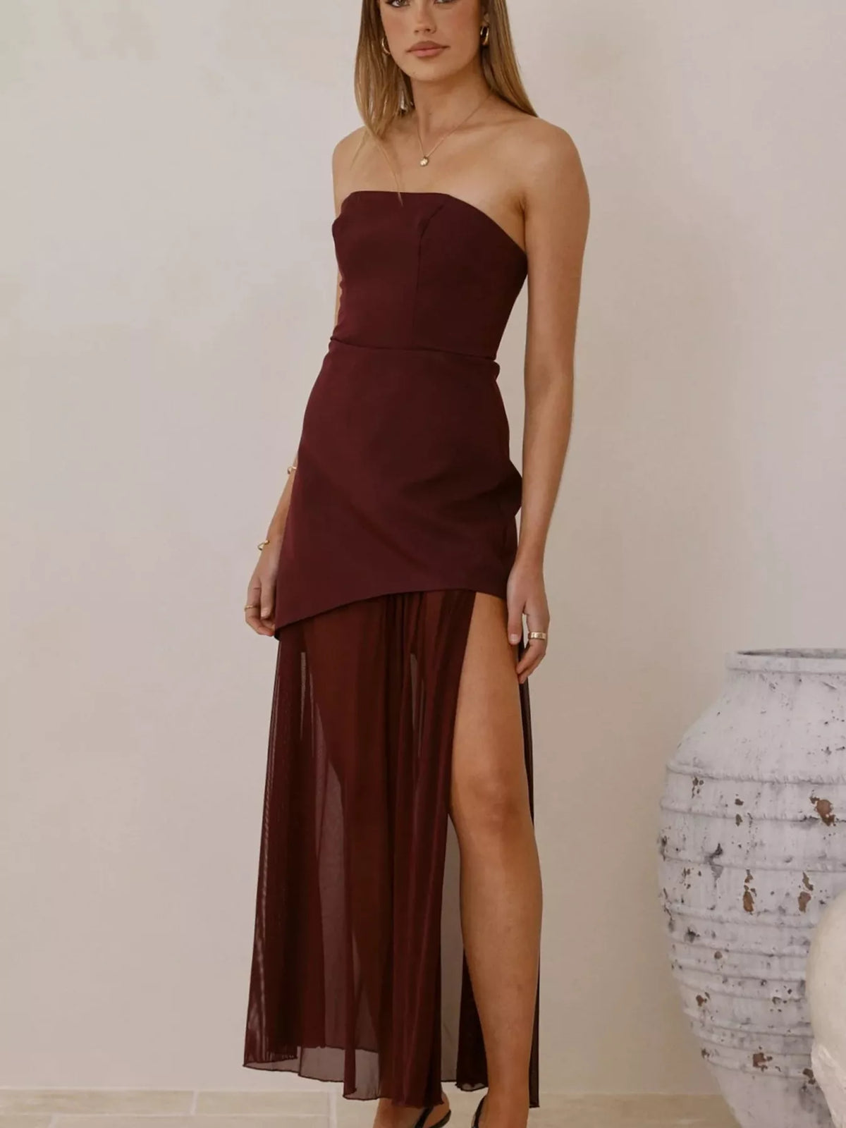 High Slit Mesh Tube Maxi Dress in Burgundy