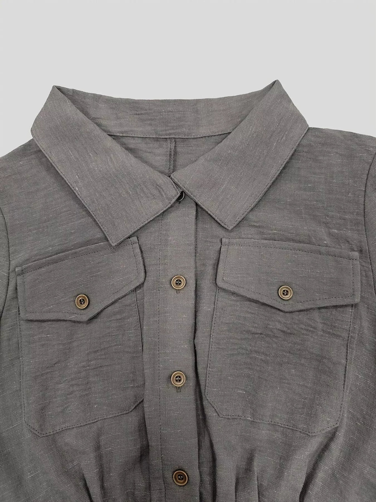 Button Front Long-Sleeve Jumpsuit in Gray