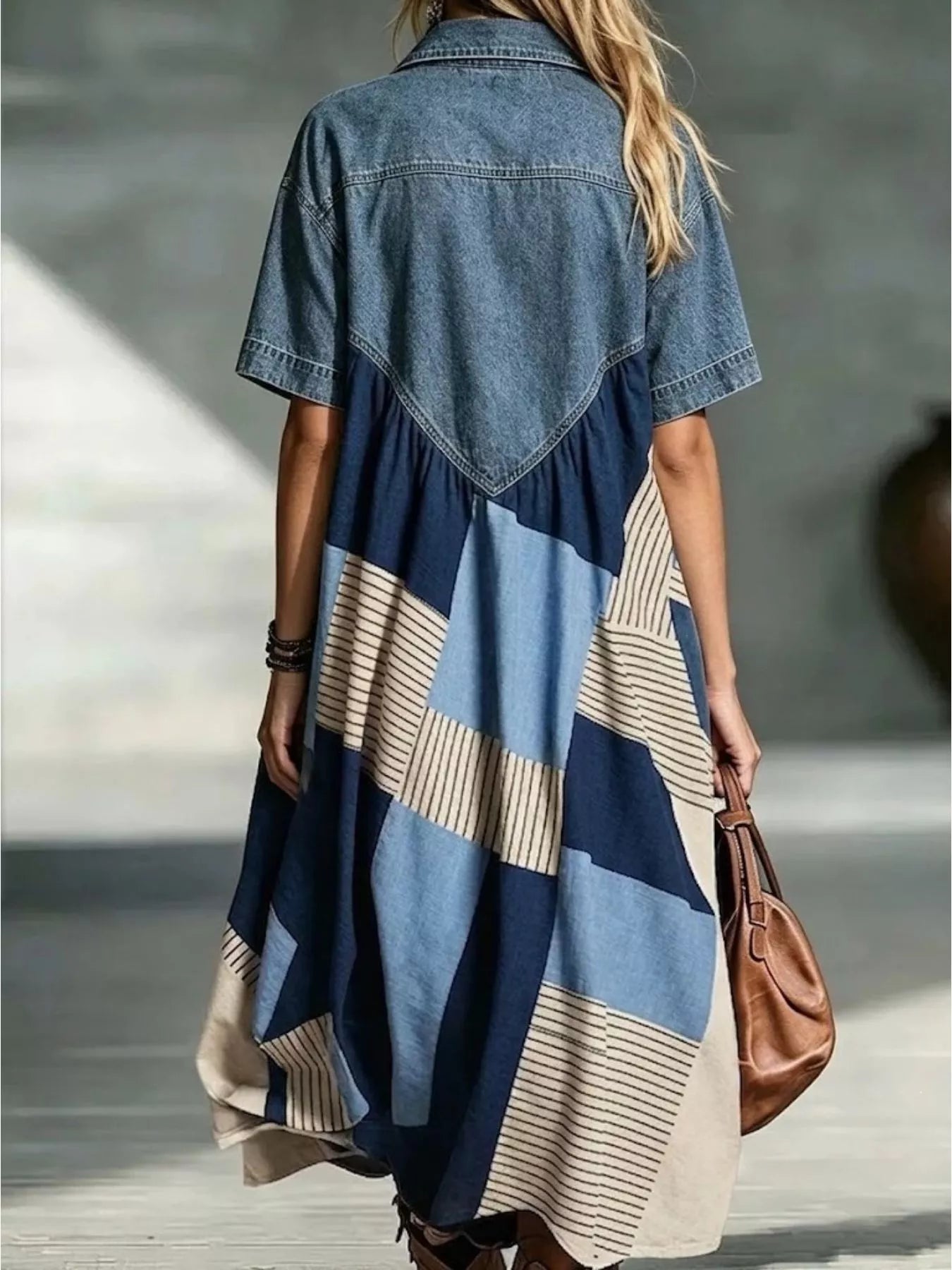 Denim Patchwork Print Shirt Dress