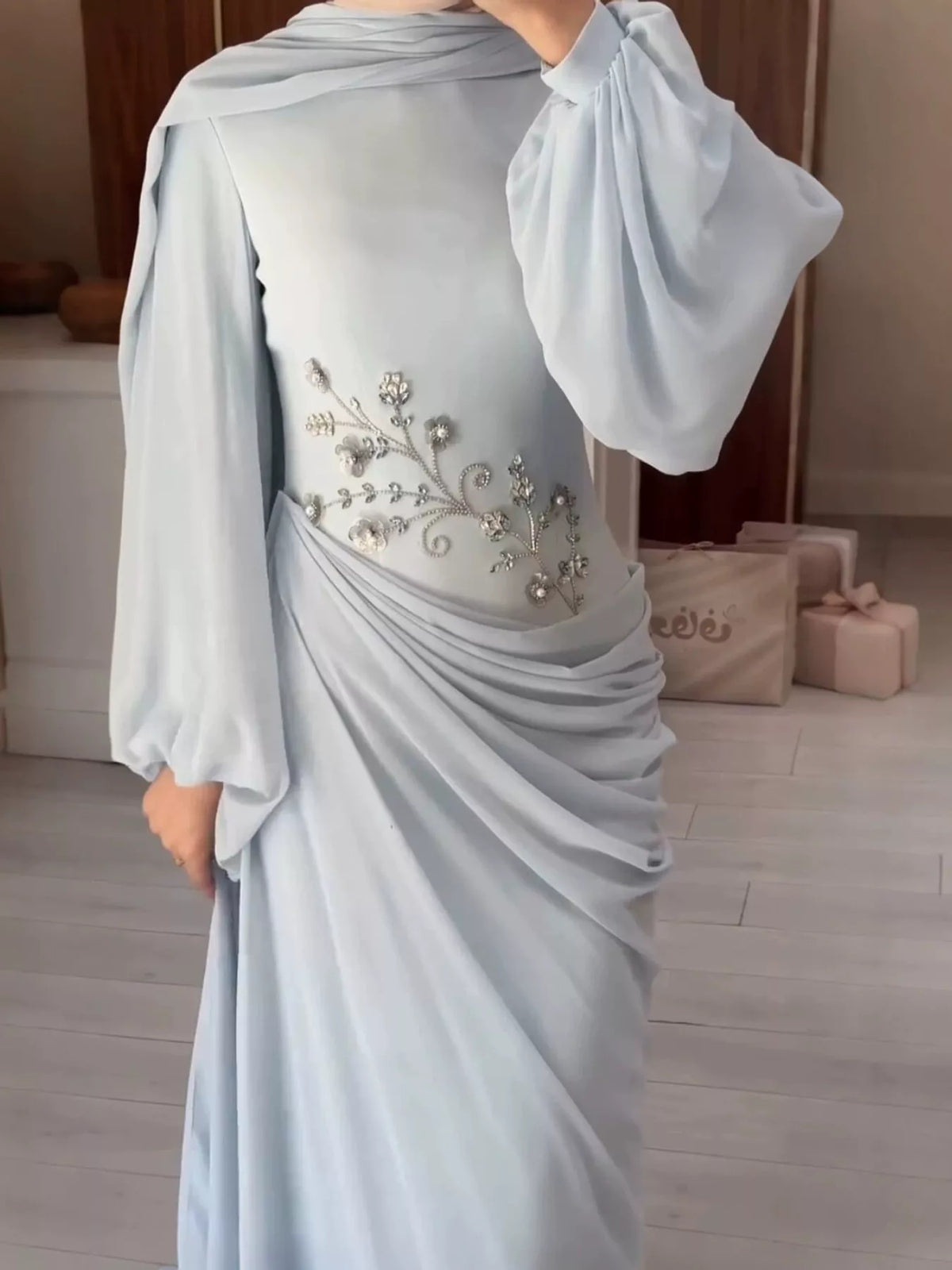 Long-Sleeve Rhinestone Ruched Maxi Evening Dress