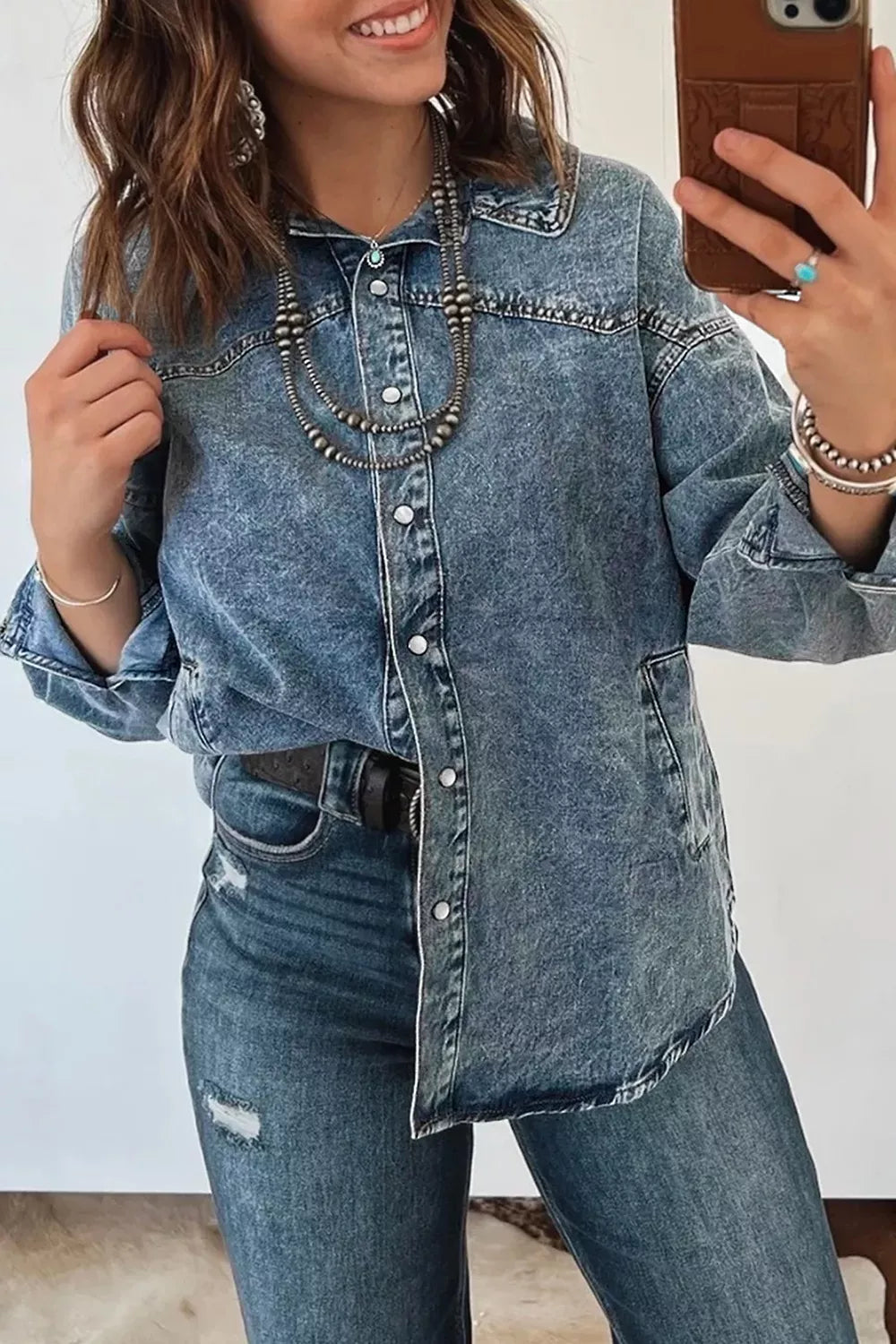 Western Shirt Collar Tunic Denim Jacket in Medium Wash