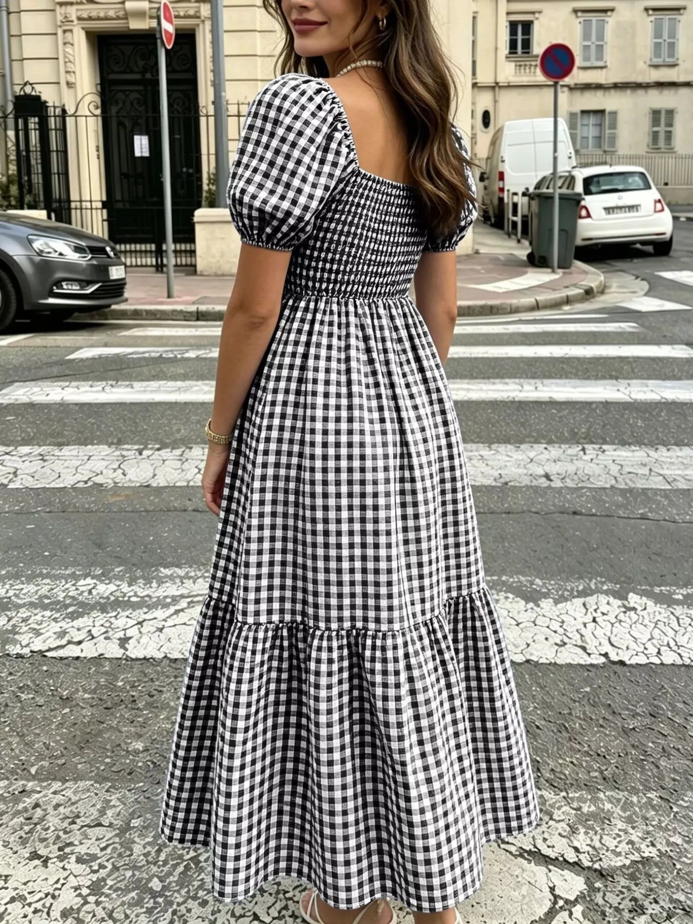 Gingham Smocked Puff Sleeve Midi Dress