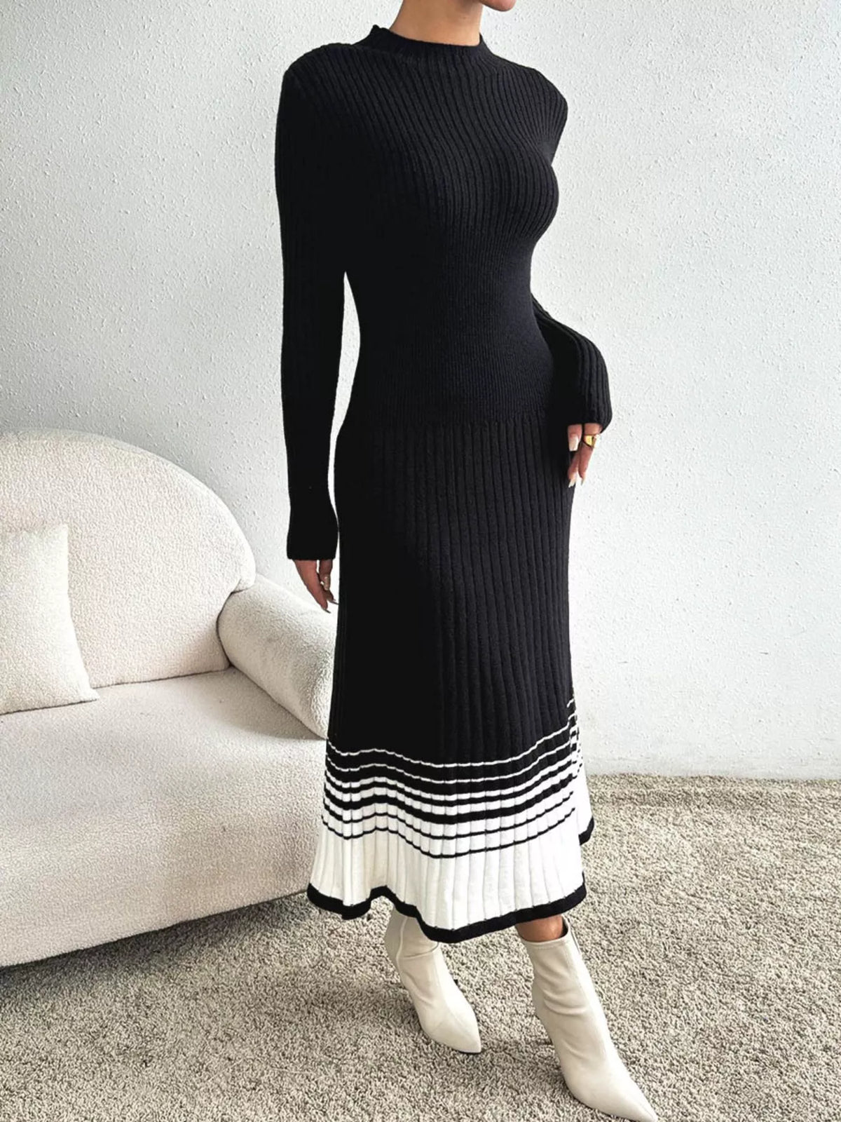 Ribbed Sweater Dress with Striped Hem in Black
