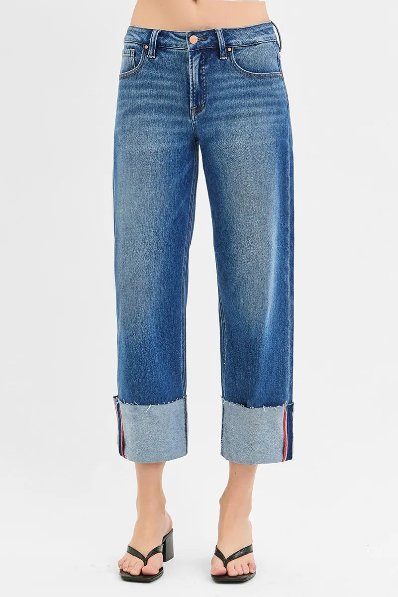 Risen Tummy Control Mid Rise Crop Wide Leg Jeans in Dark Wash