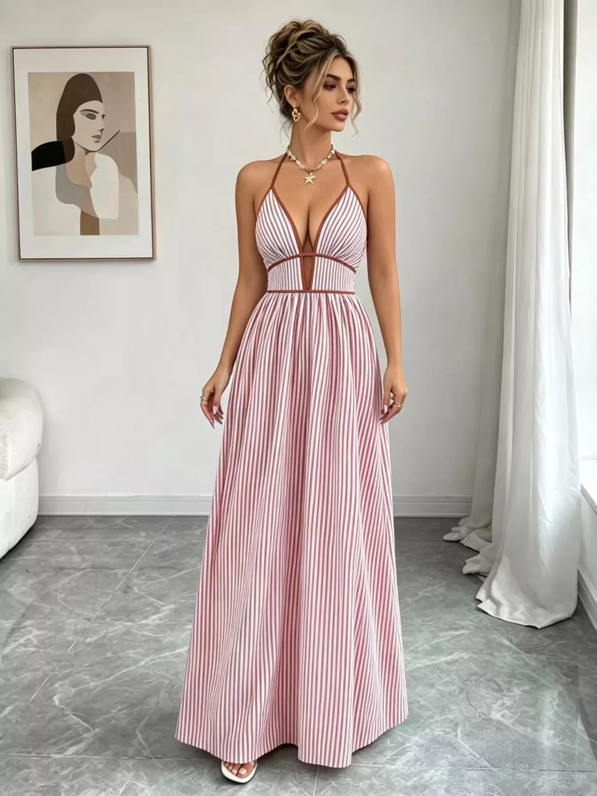 Striped Smocked Halter Neck Maxi Dress