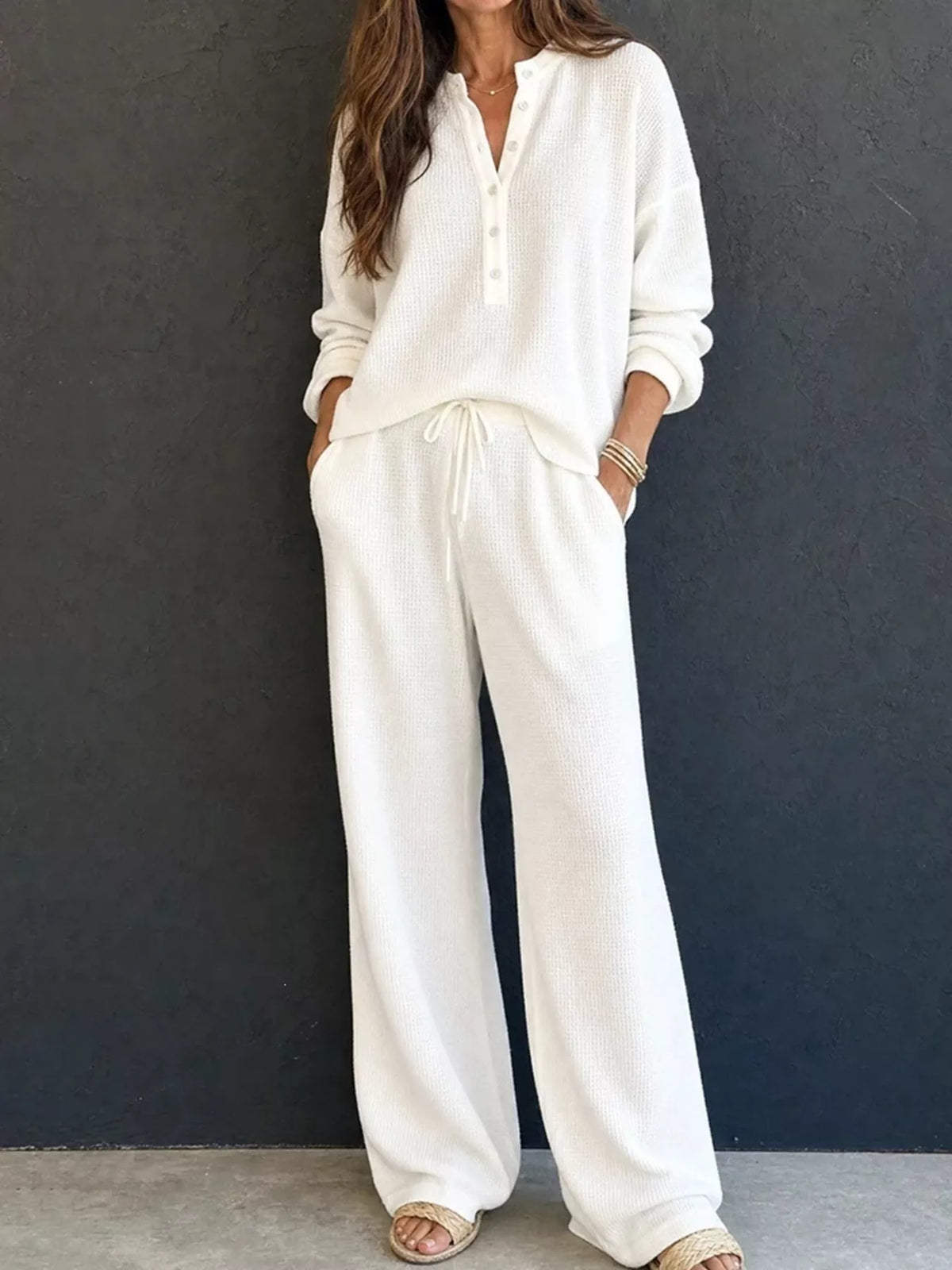 Waffle-Knit Button Detail Top and Pants Set