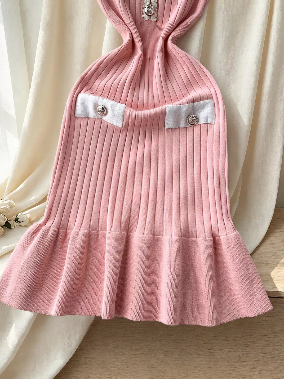 Ruffled Hem V-Neck Ribbed Knit Dress