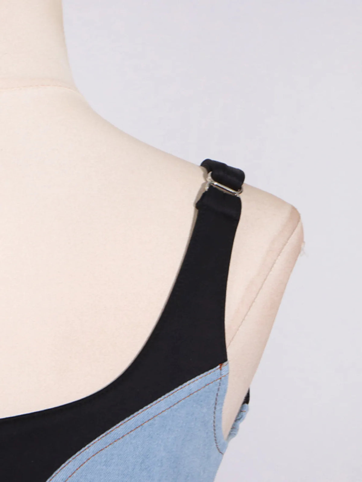 Contrast Adjustable Strap Denim Dress in Blue