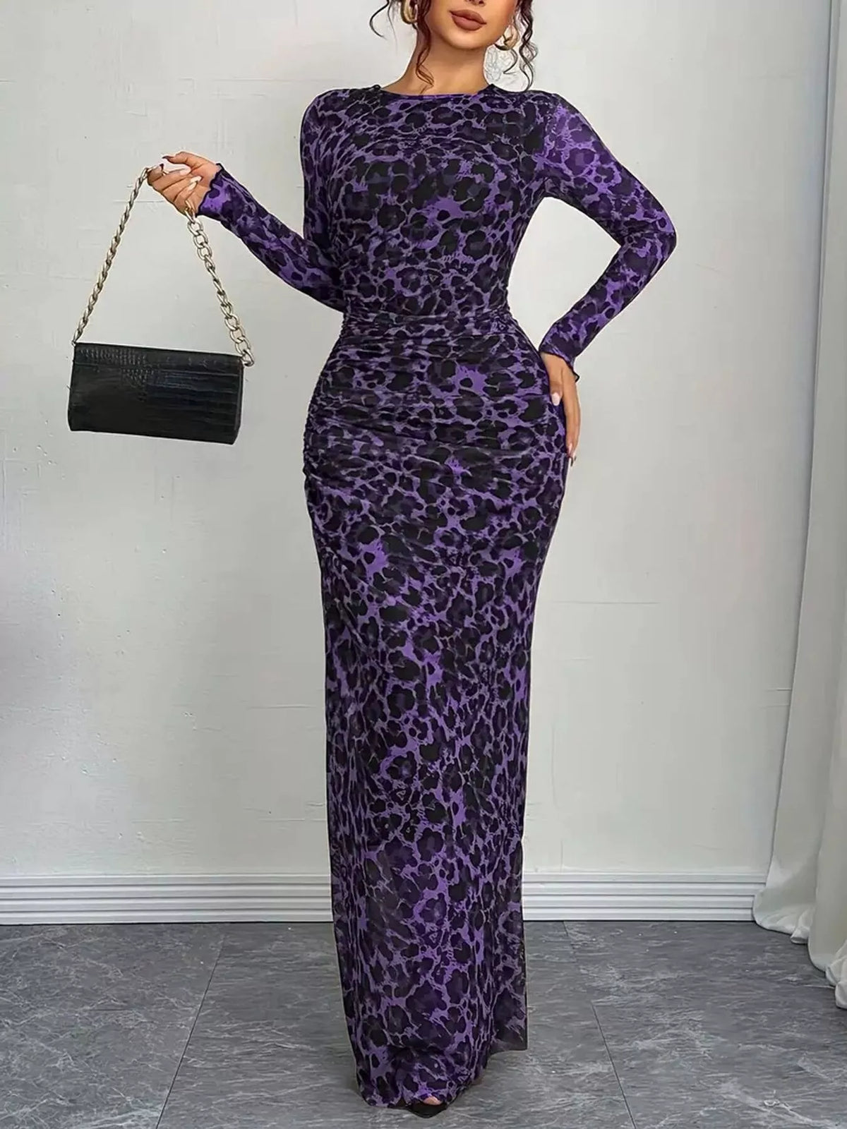 Leopard Print Ruched Bodycon Maxi Dress