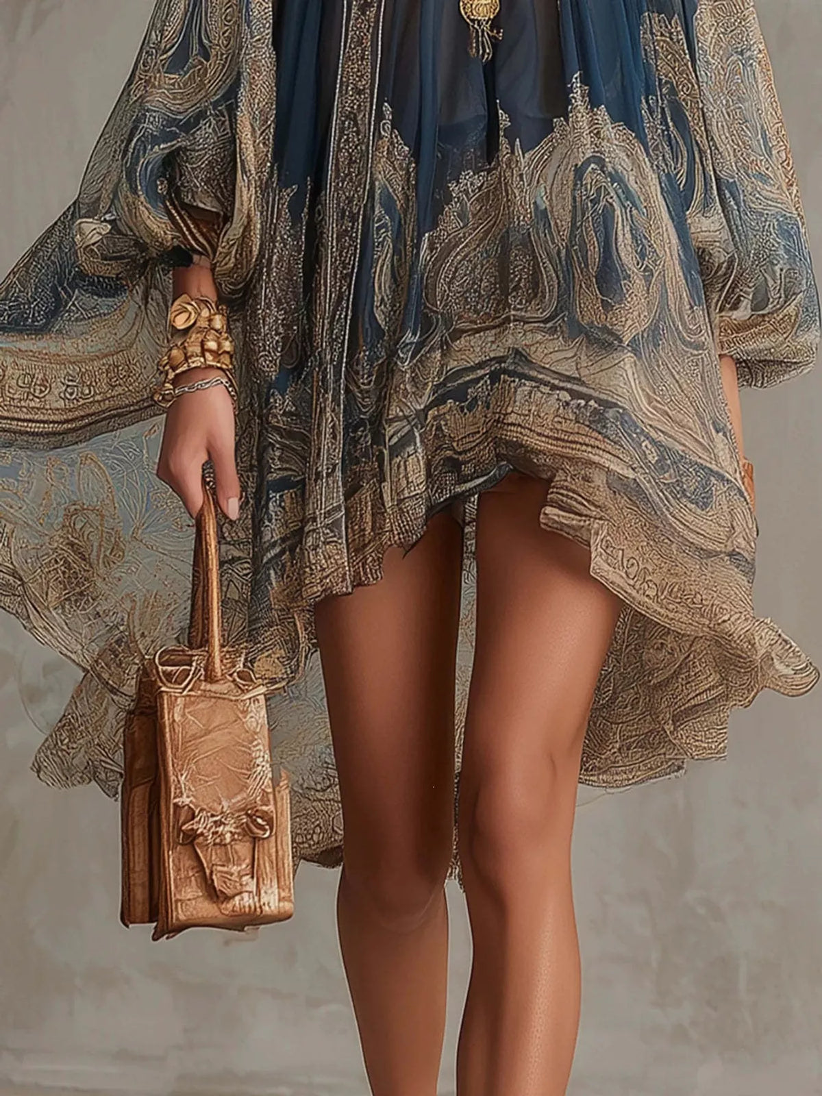 Paisley Print Chiffon High-Low Mini Dress in Navy