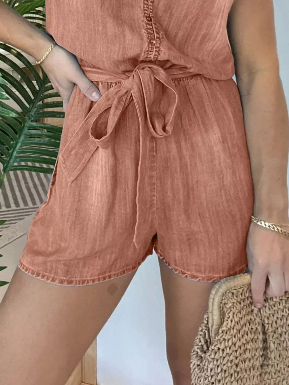 Tie Waist Cap Sleeve Romper