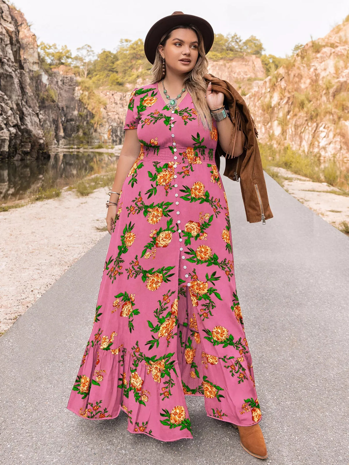Floral V-Neck Maxi Dress in Fuchsia Pink
