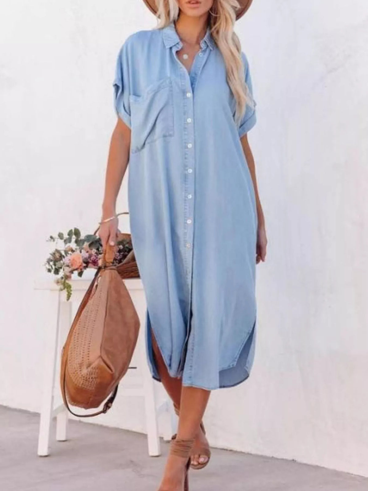 Button-Front Shirt Dress in Light Blue