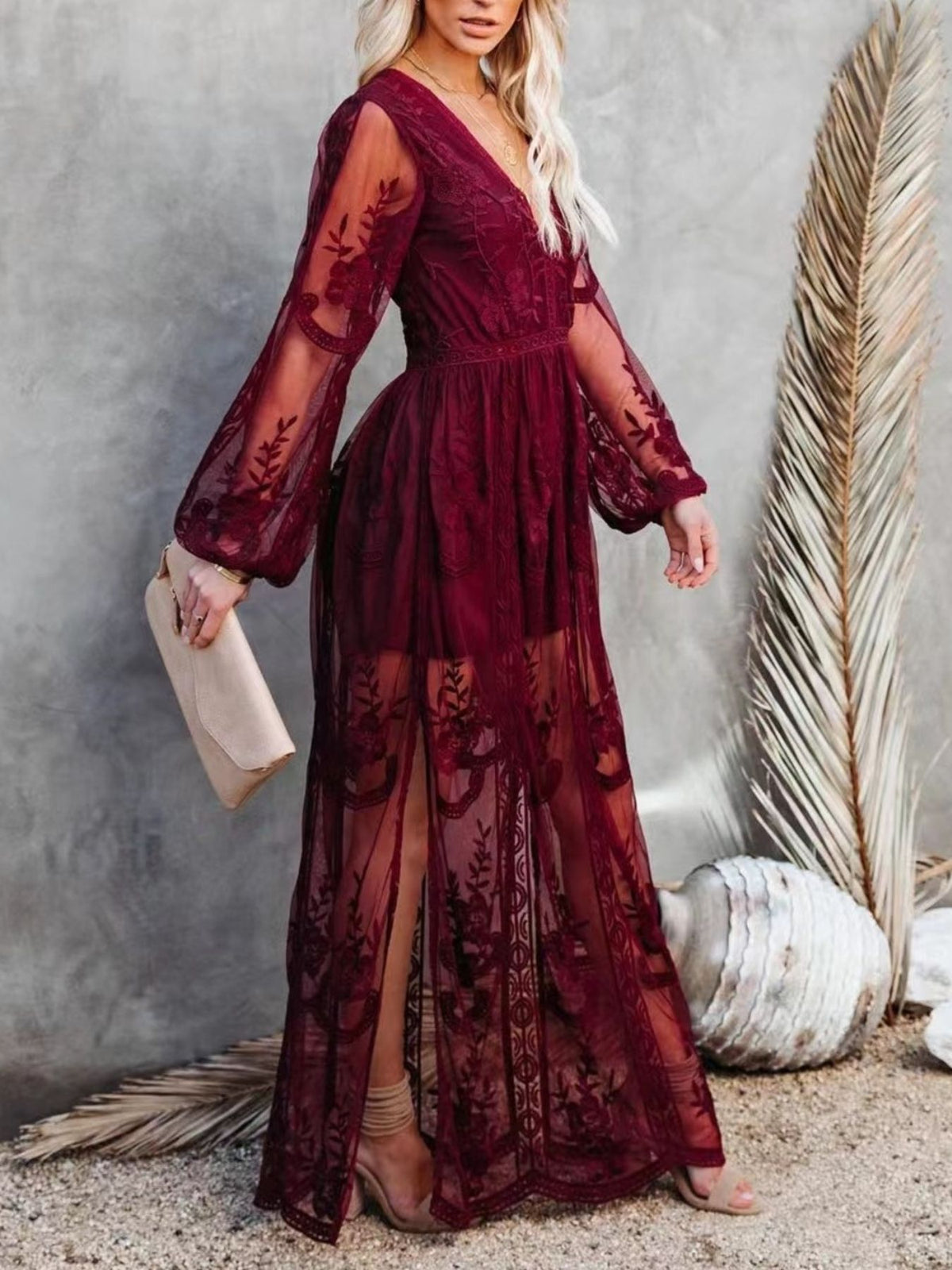 Floral Lace Maxi Dress with Side Slit