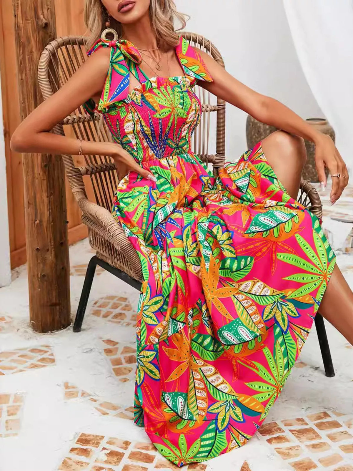 Tropical Print Smocked Tie-Strap Dress in Green