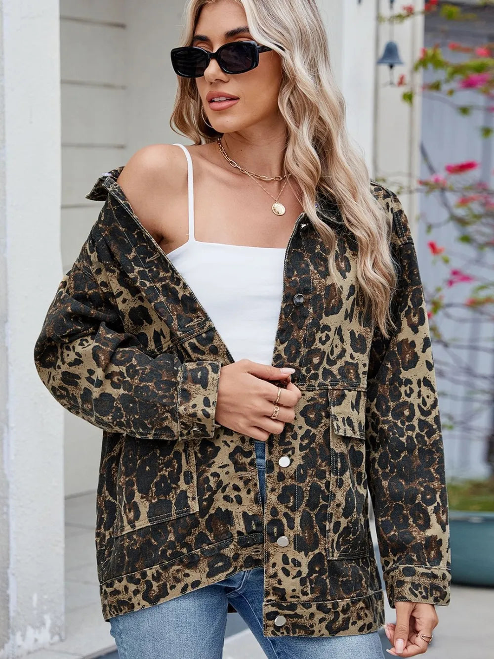 Leopard Print Denim Jacket with Removable Hat by Moni Wear