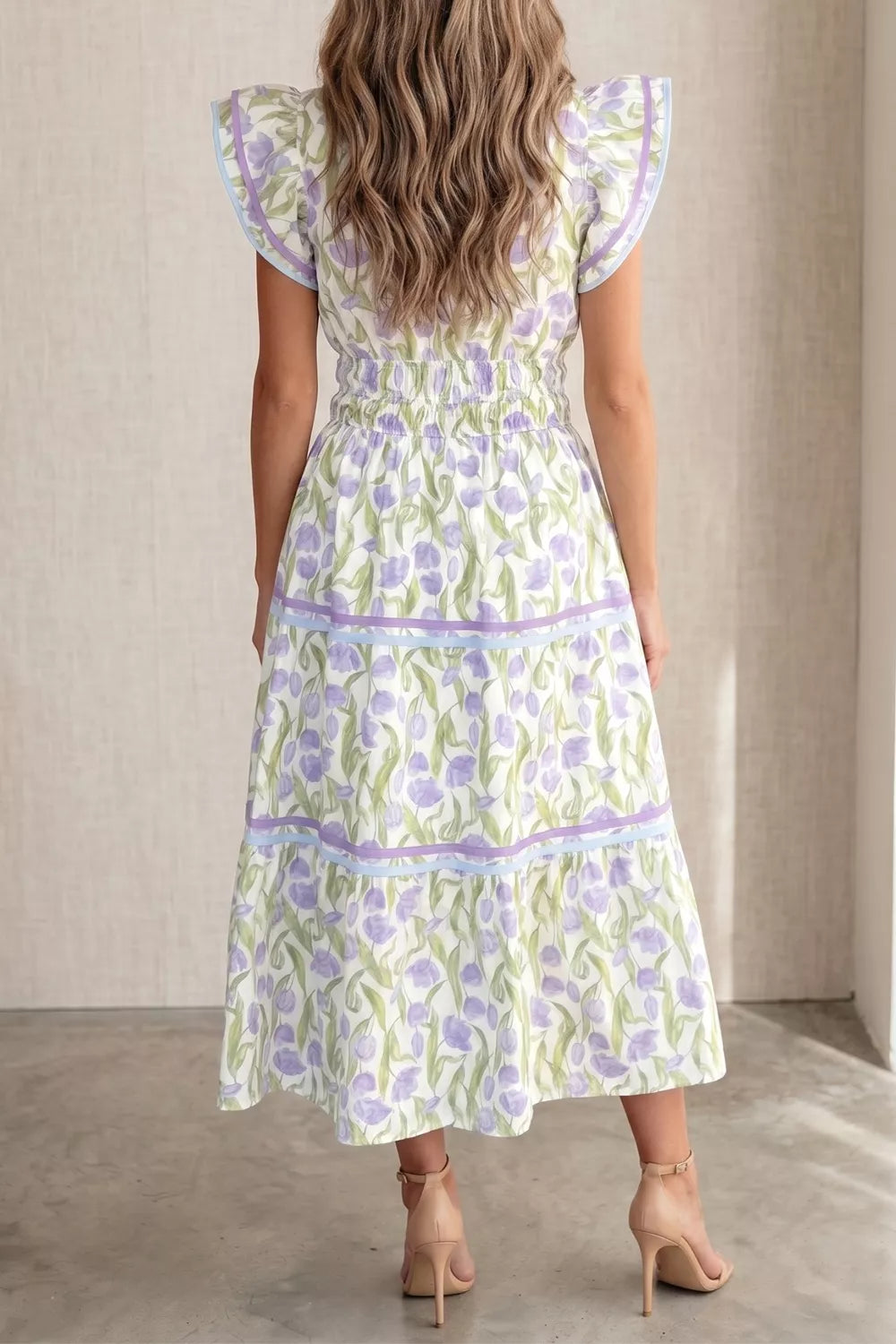Tiered Contrast Trim Midi Dress in Floral