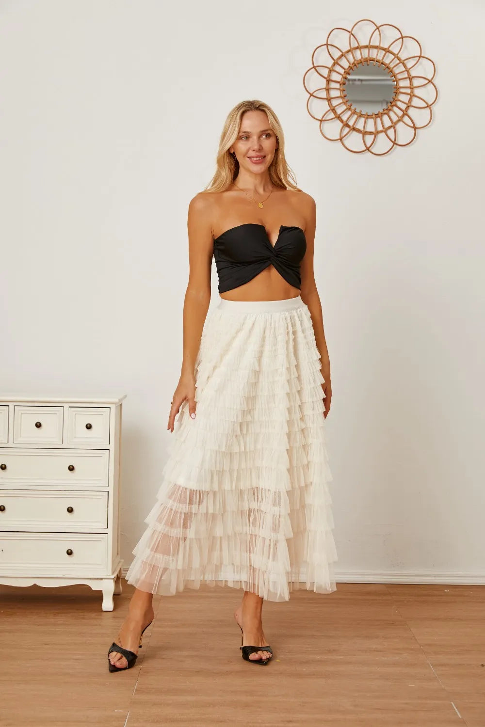 Ruched High-Waist Tiered Skirt by MDML