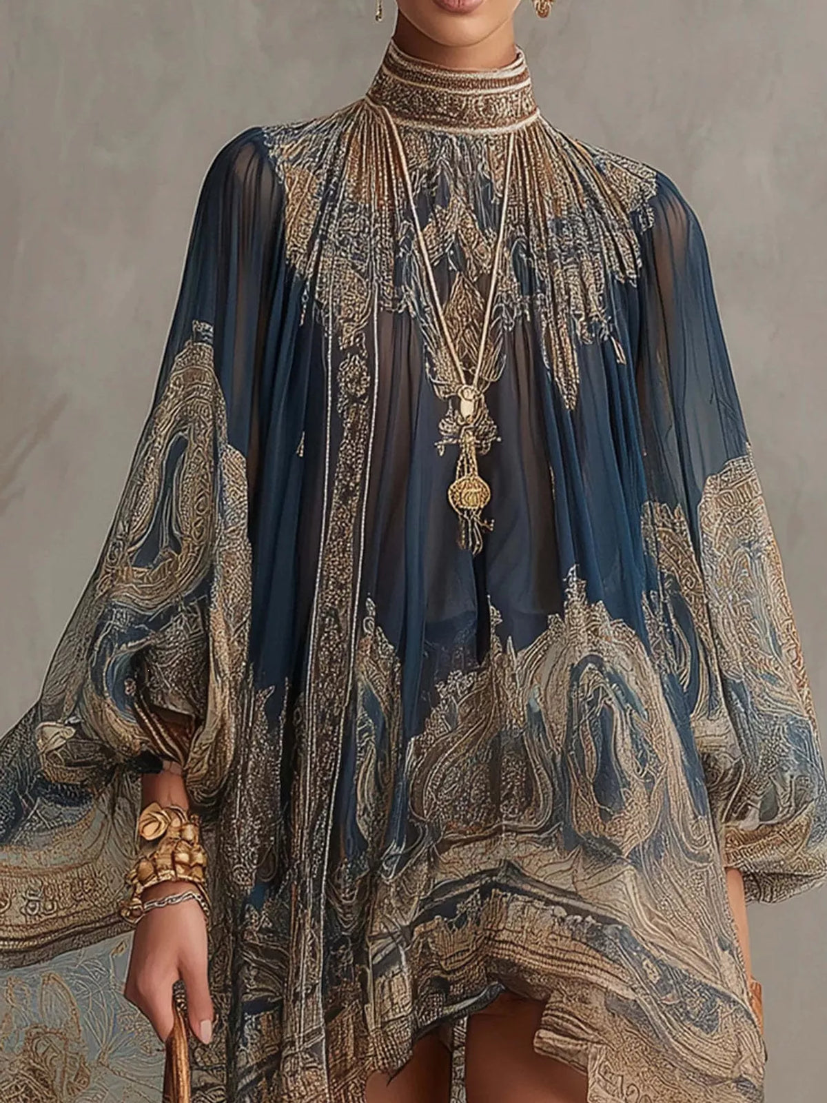 Paisley Print Chiffon High-Low Mini Dress in Navy