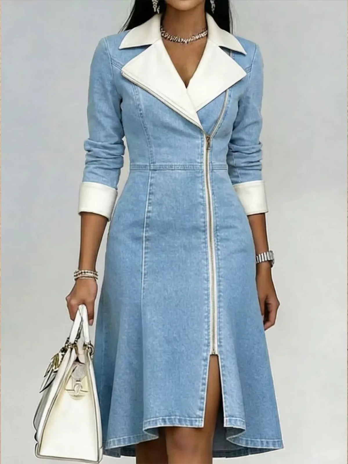 Contrast Lapel Zip-Front Denim Dress