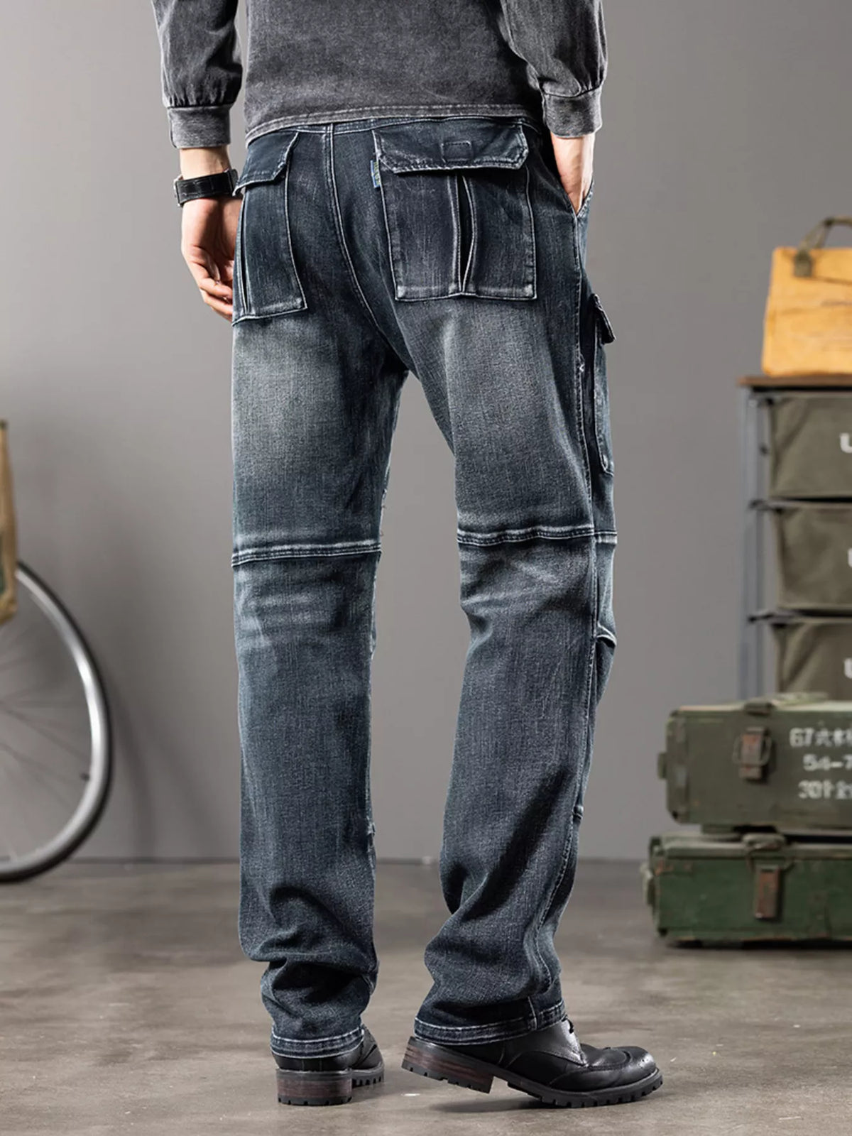 Dark Vintage Wash Cargo Jeans by True Self