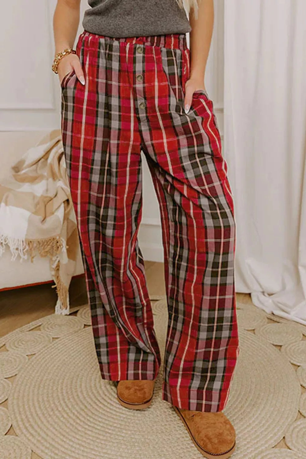 Plaid Elastic-Waist Pocket Pants in Burgundy