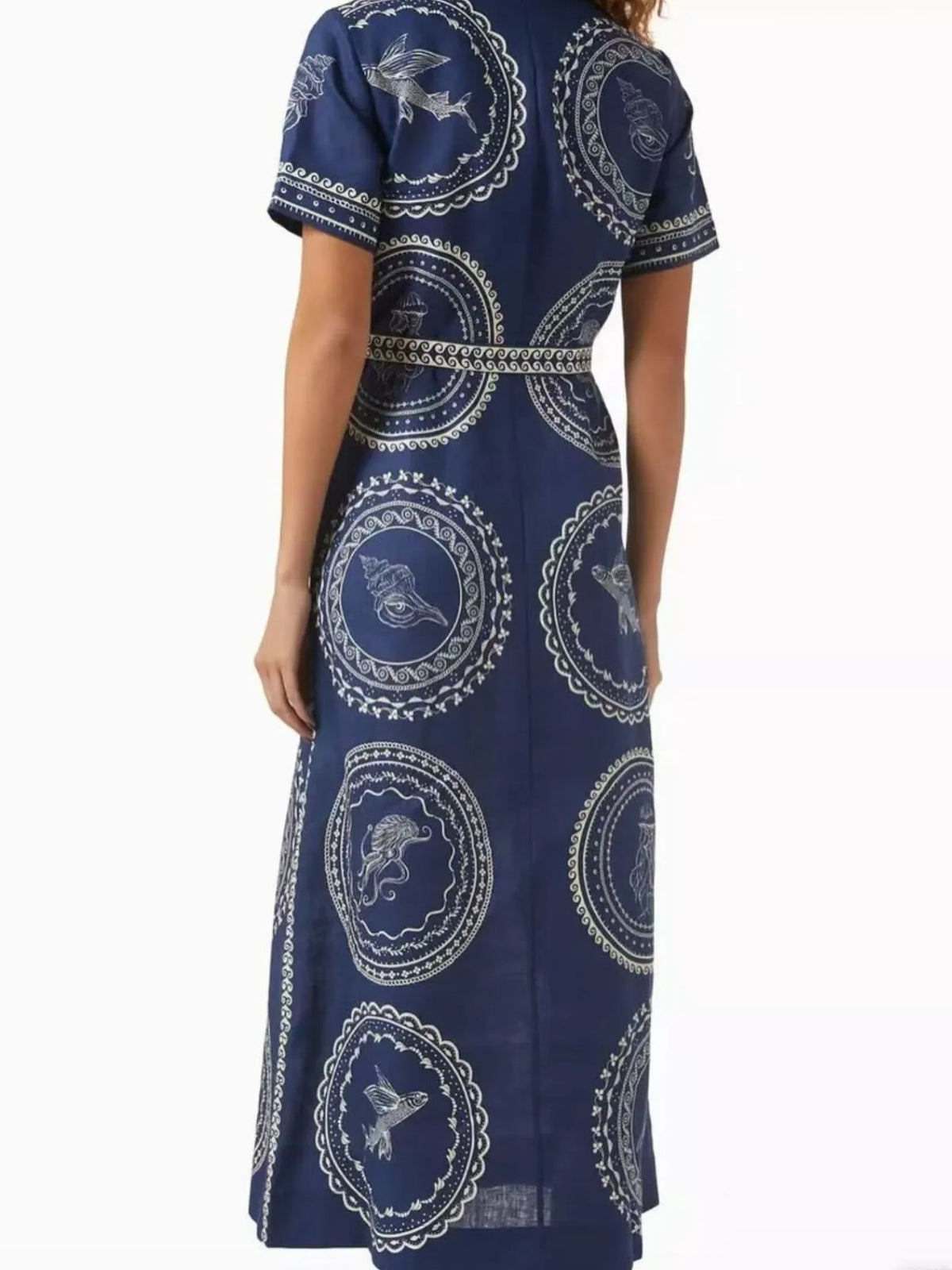 Printed Button-Front Maxi Shirt Dress with Belt in Blue