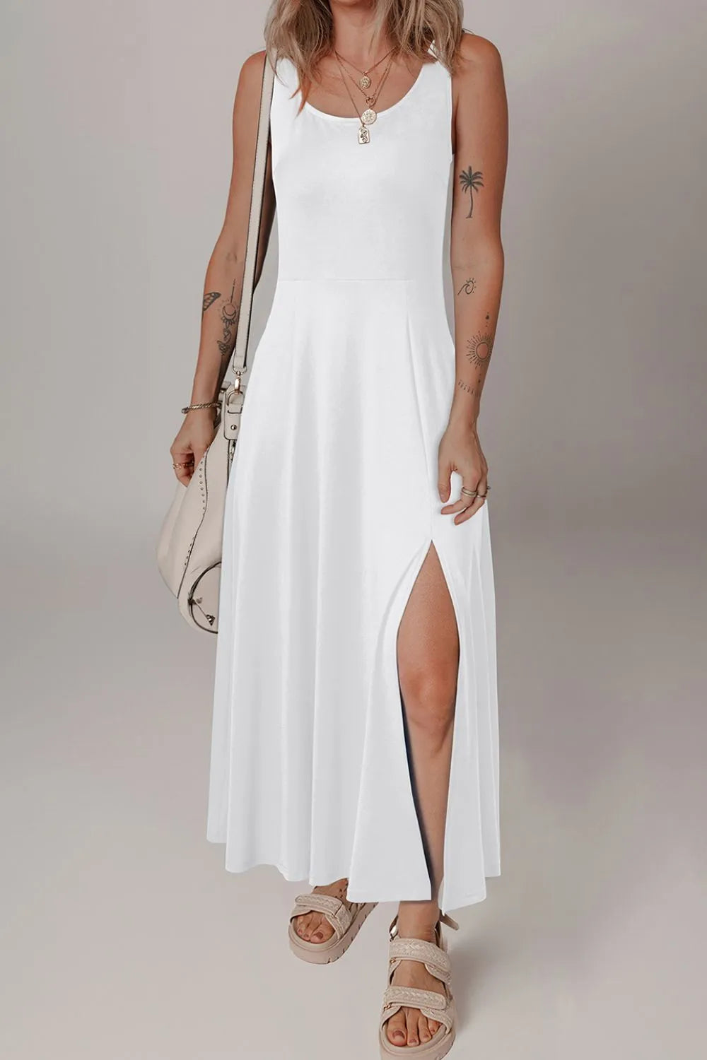 Scoop Neck Wide Strap Dress with Side Slit