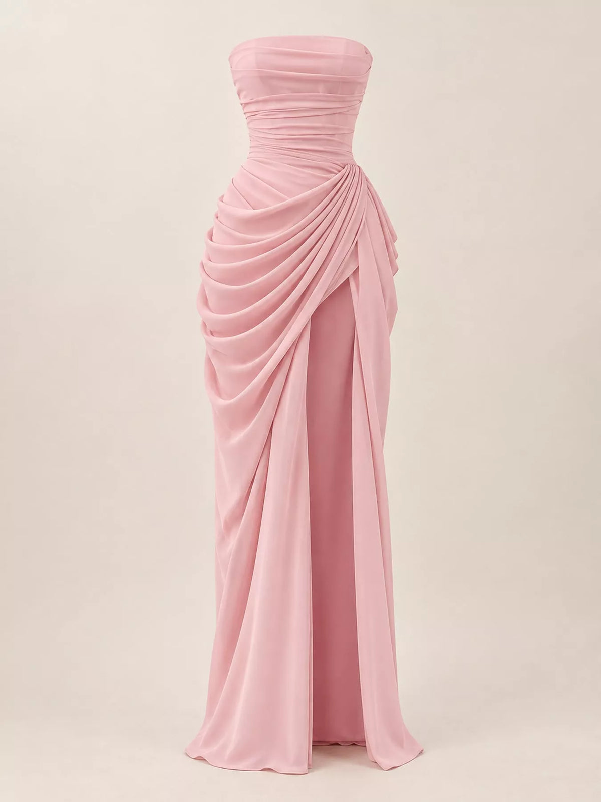 Strapless Ruched High-Slit Evening Dress