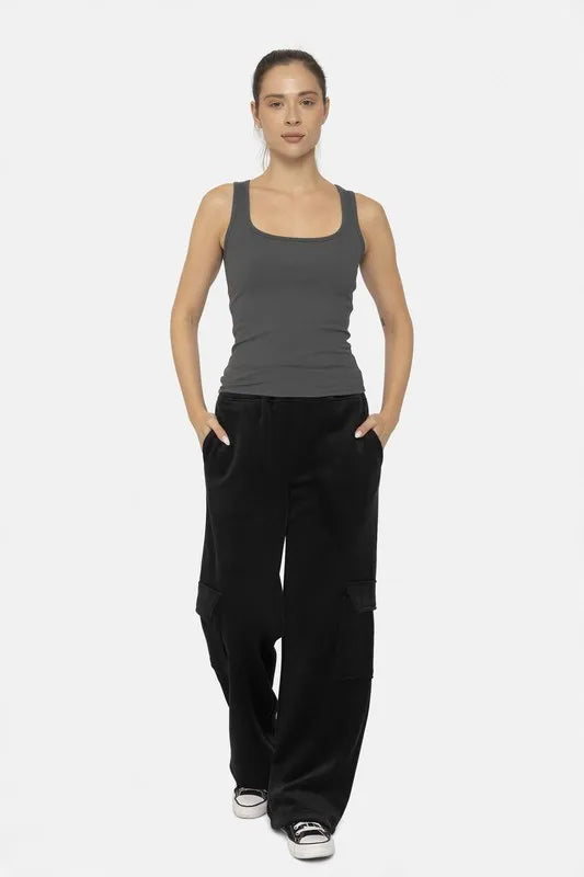 Mono B Elastic Waist Corduroy Cargo Pants in Black