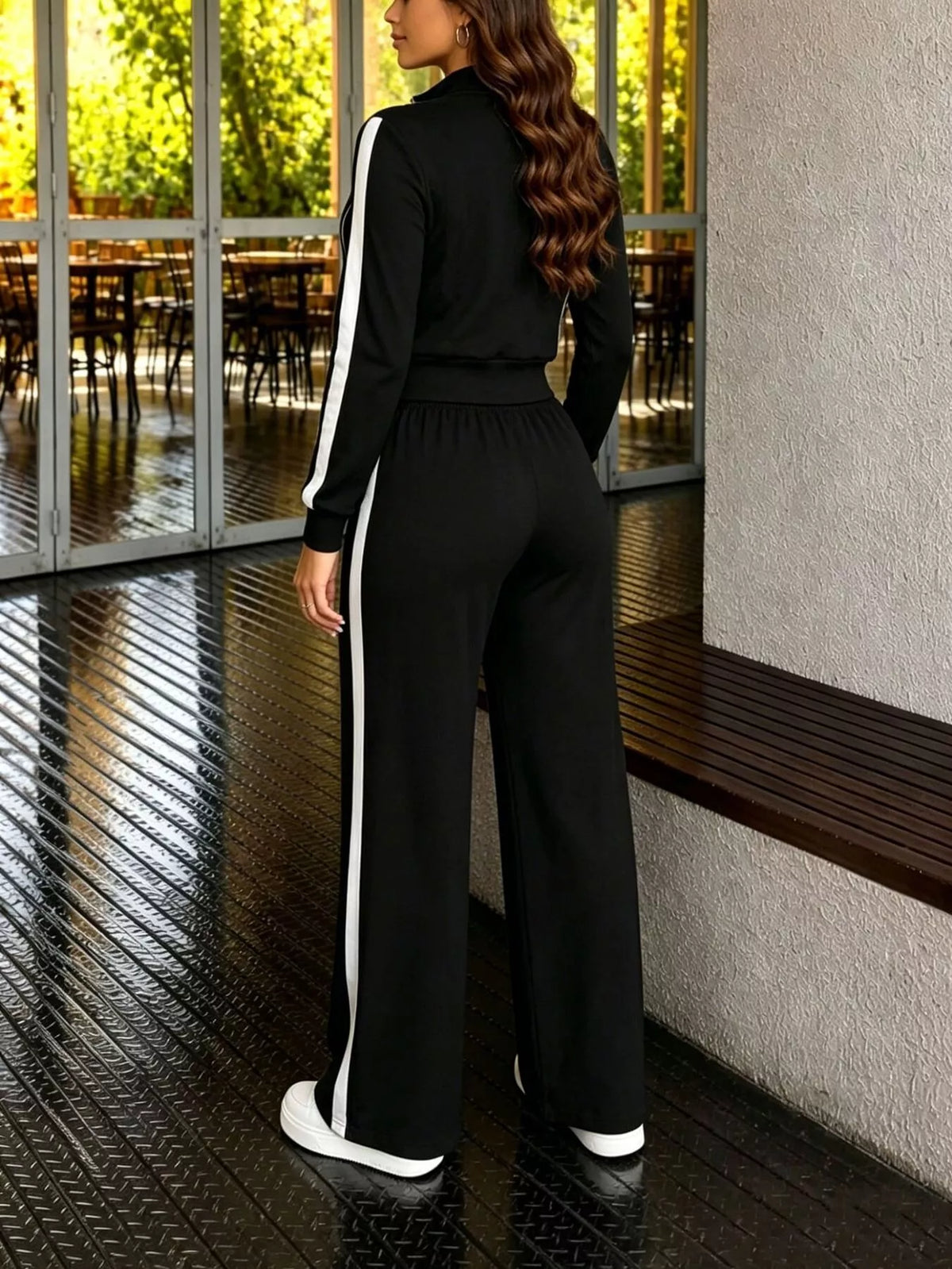 Contrast Zip-Up Top and Pants Set in Black