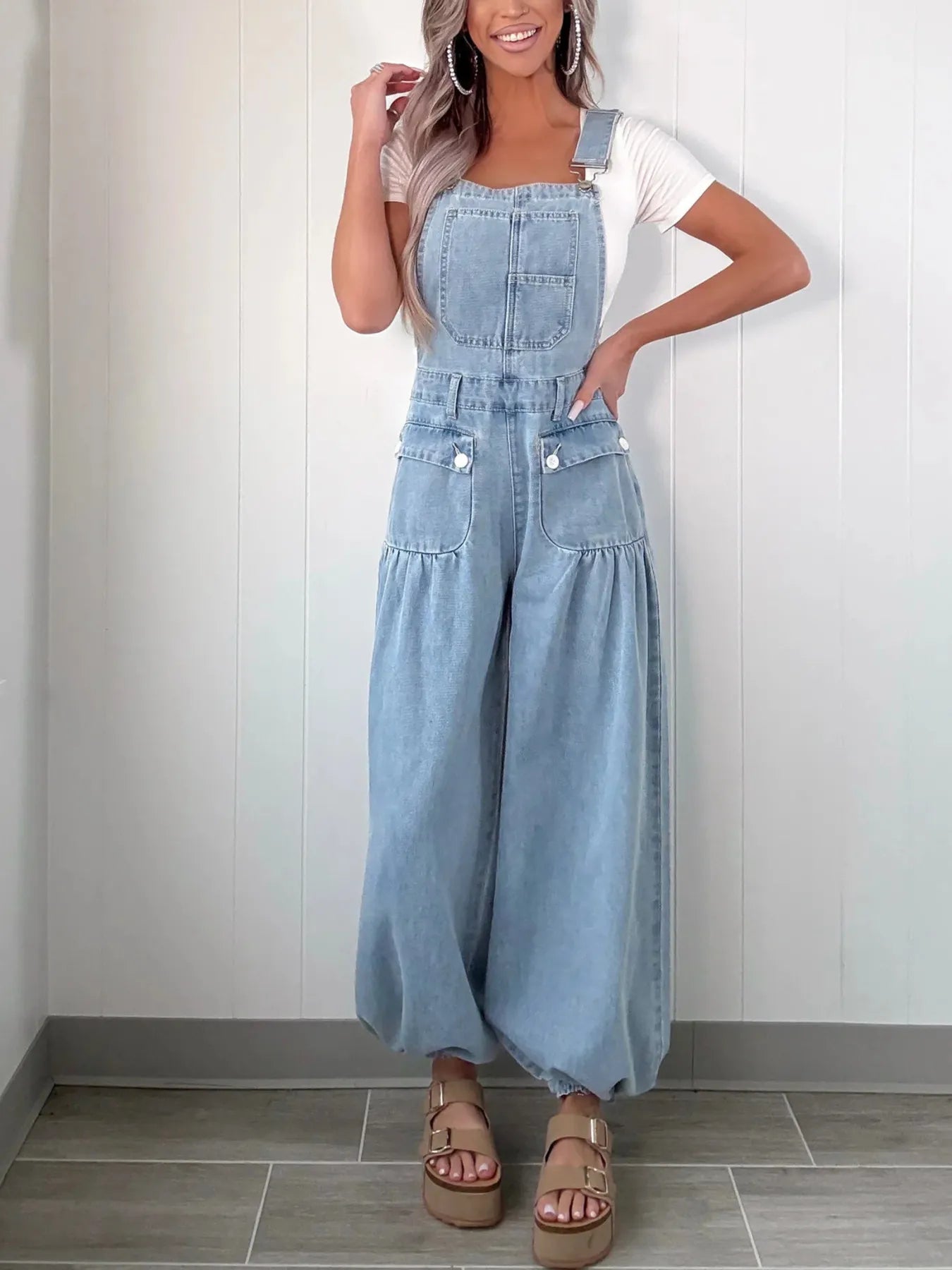 Wide Leg Denim Overalls in Light Blue