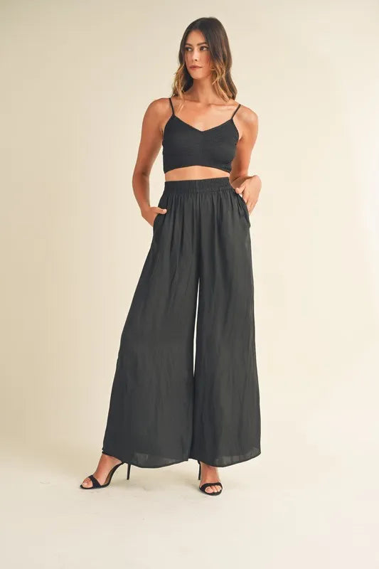 Smocked Bralette Top and Wide Leg Pants Set in Black