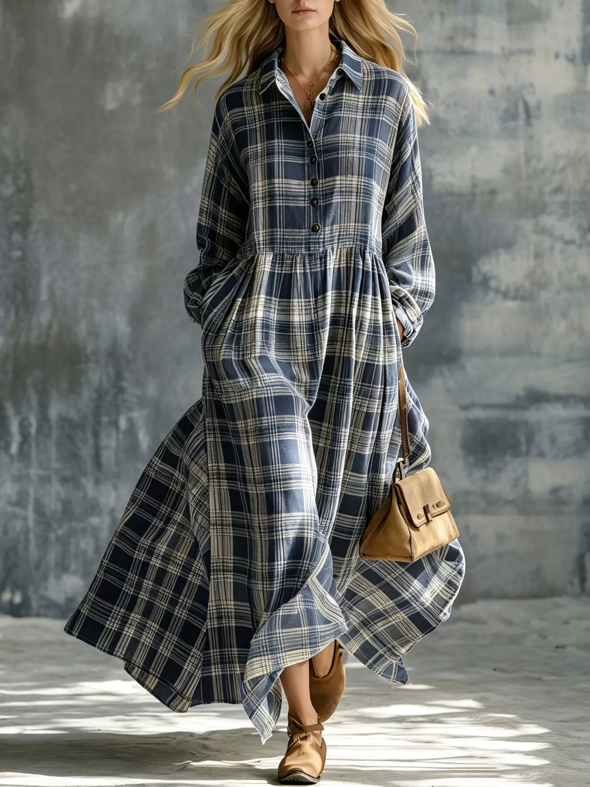 Plaid Button-Down Maxi Shirt Dress