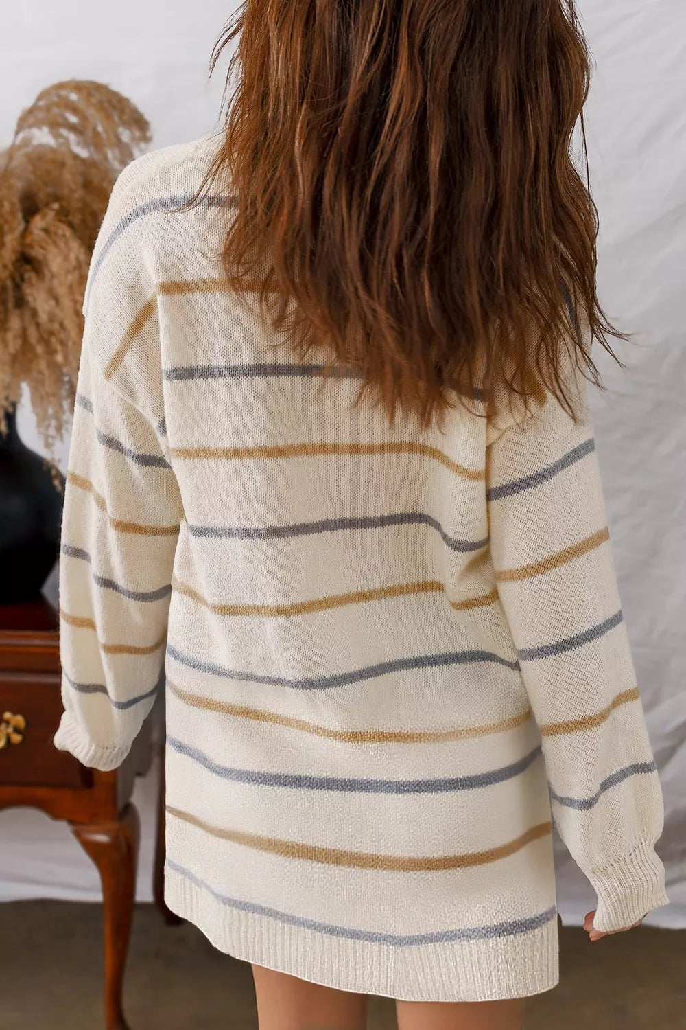 Striped Dropped-Shoulder Oversized Sweater Dress in Beige