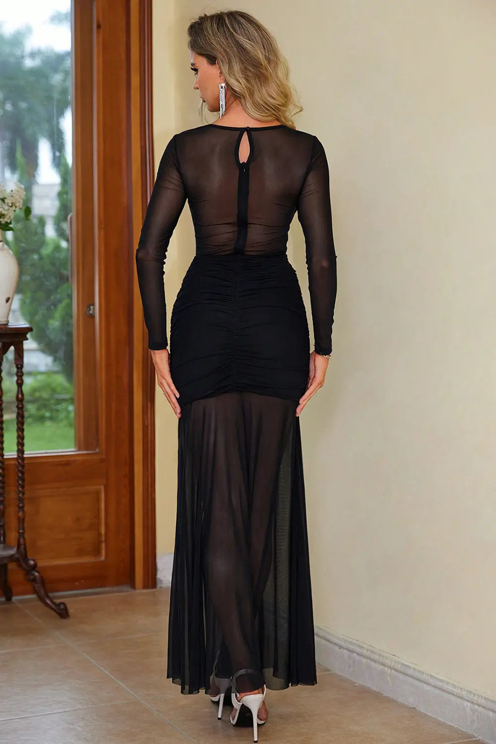 Semi-Sheer Round Neck Dress in Black