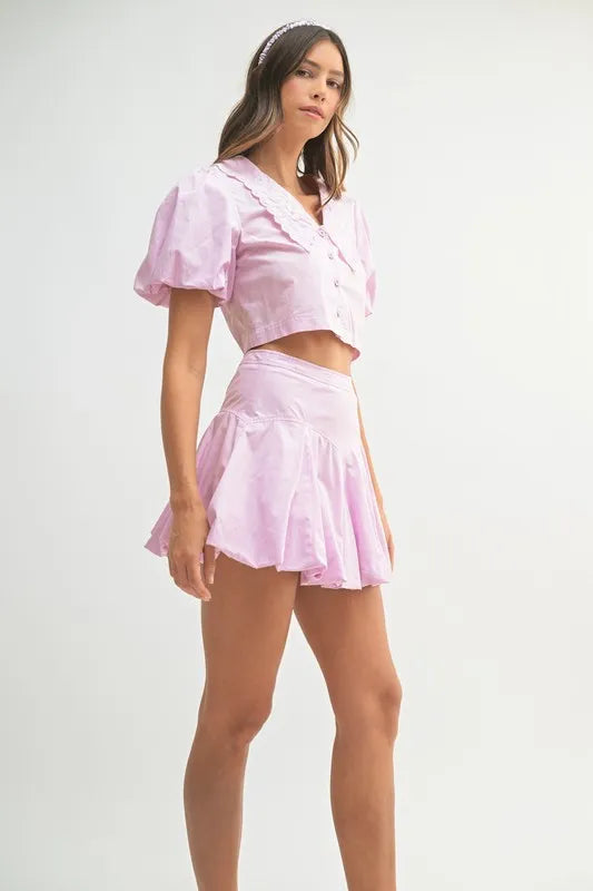 Puff Sleeve Button-Down Top and Bubble Skirt Set in Lavender